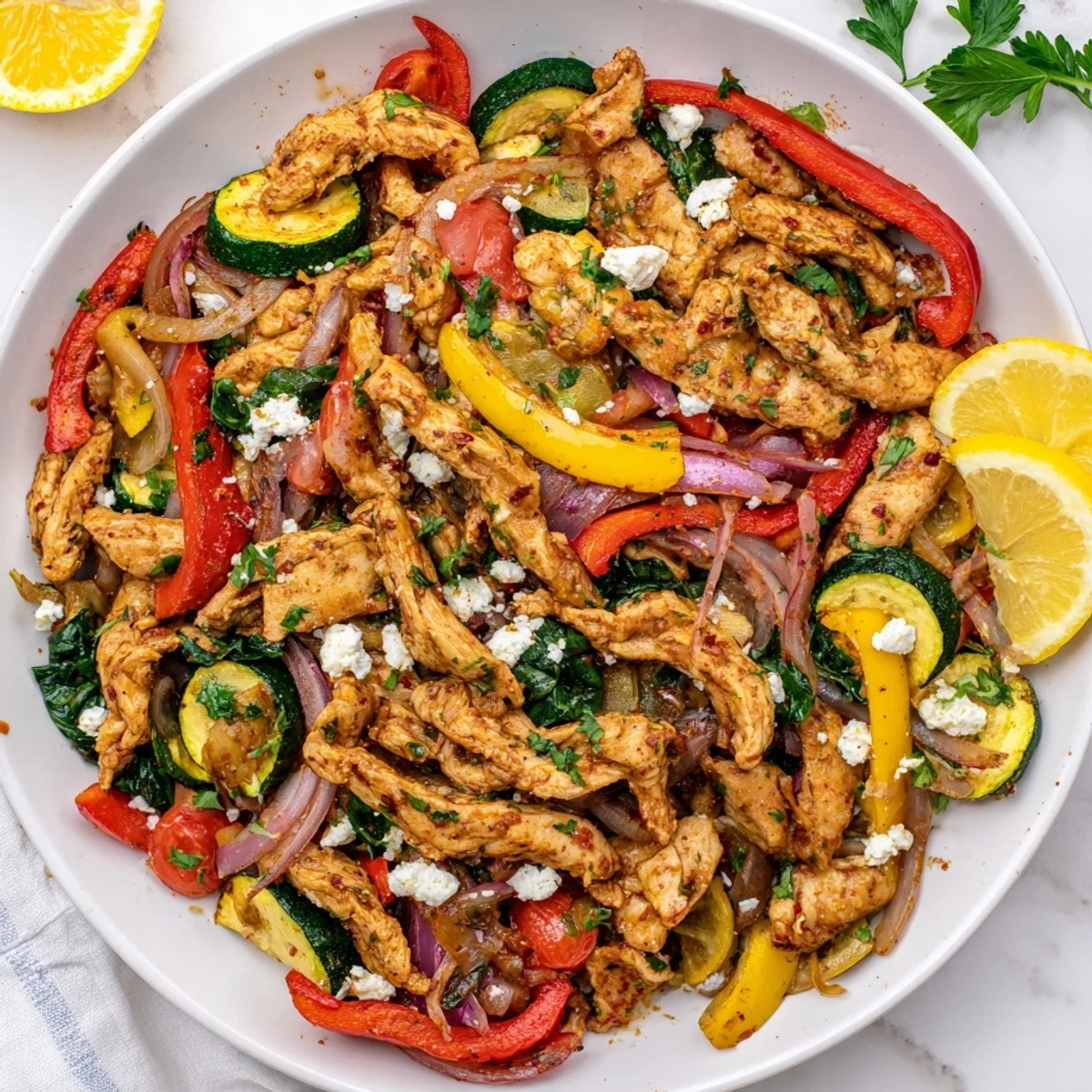 Golden pan-seared chicken and colorful Mediterranean vegetables in this easy chicken stir fry