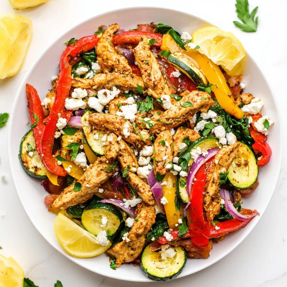 Juicy chicken breast strips with bell peppers and zucchini in this Mediterranean chicken stir fry