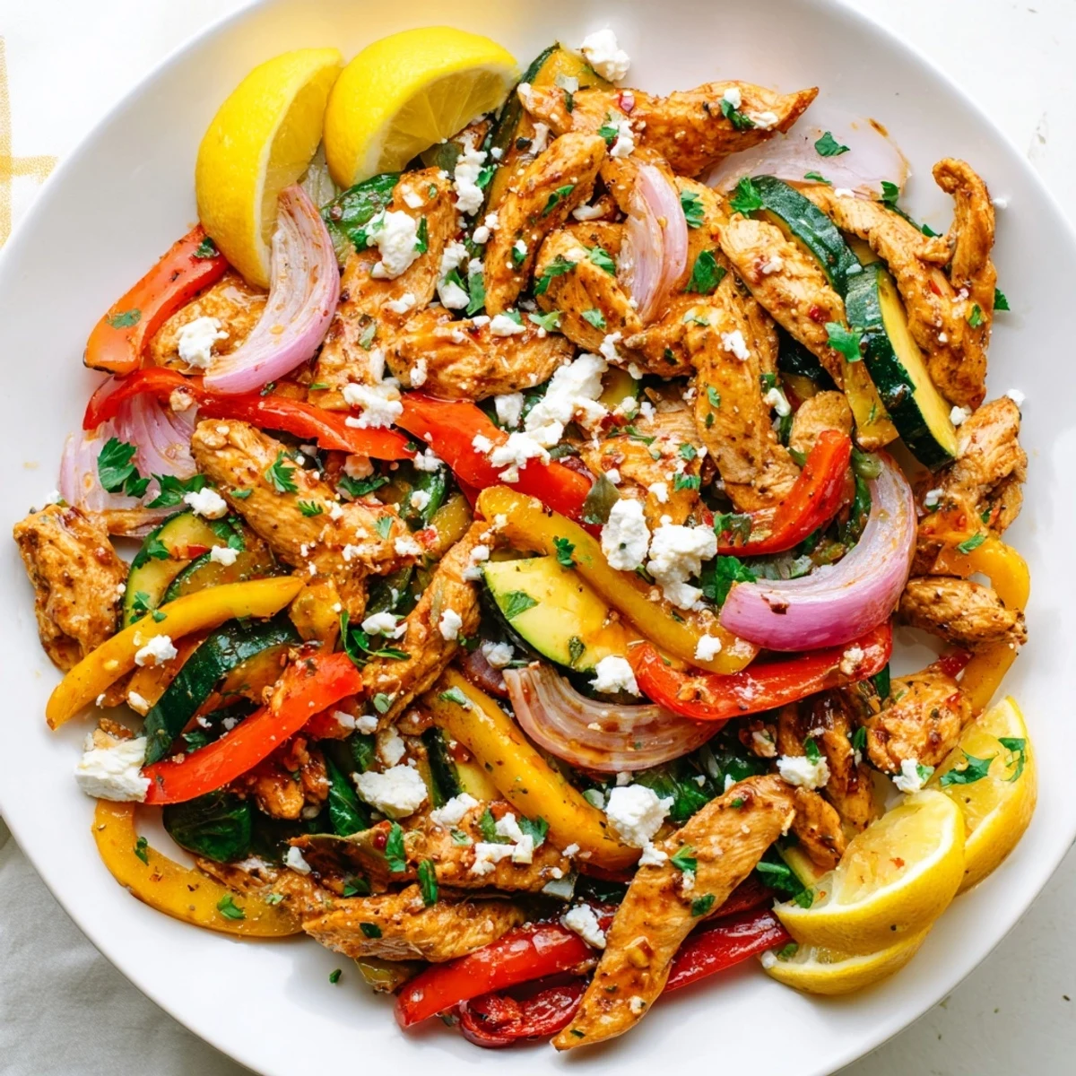 Vibrant weeknight dinner featuring spiced chicken, crisp vegetables, and feta in this easy Mediterranean chicken stir fry