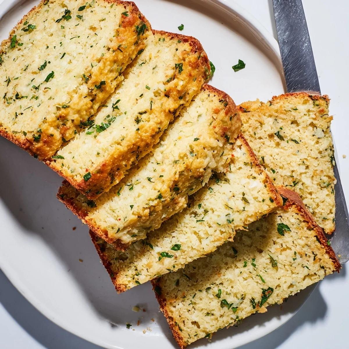 Golden brown Parmesan herb keto bread loaf sliced on a wooden cutting board with fresh parsley garnish