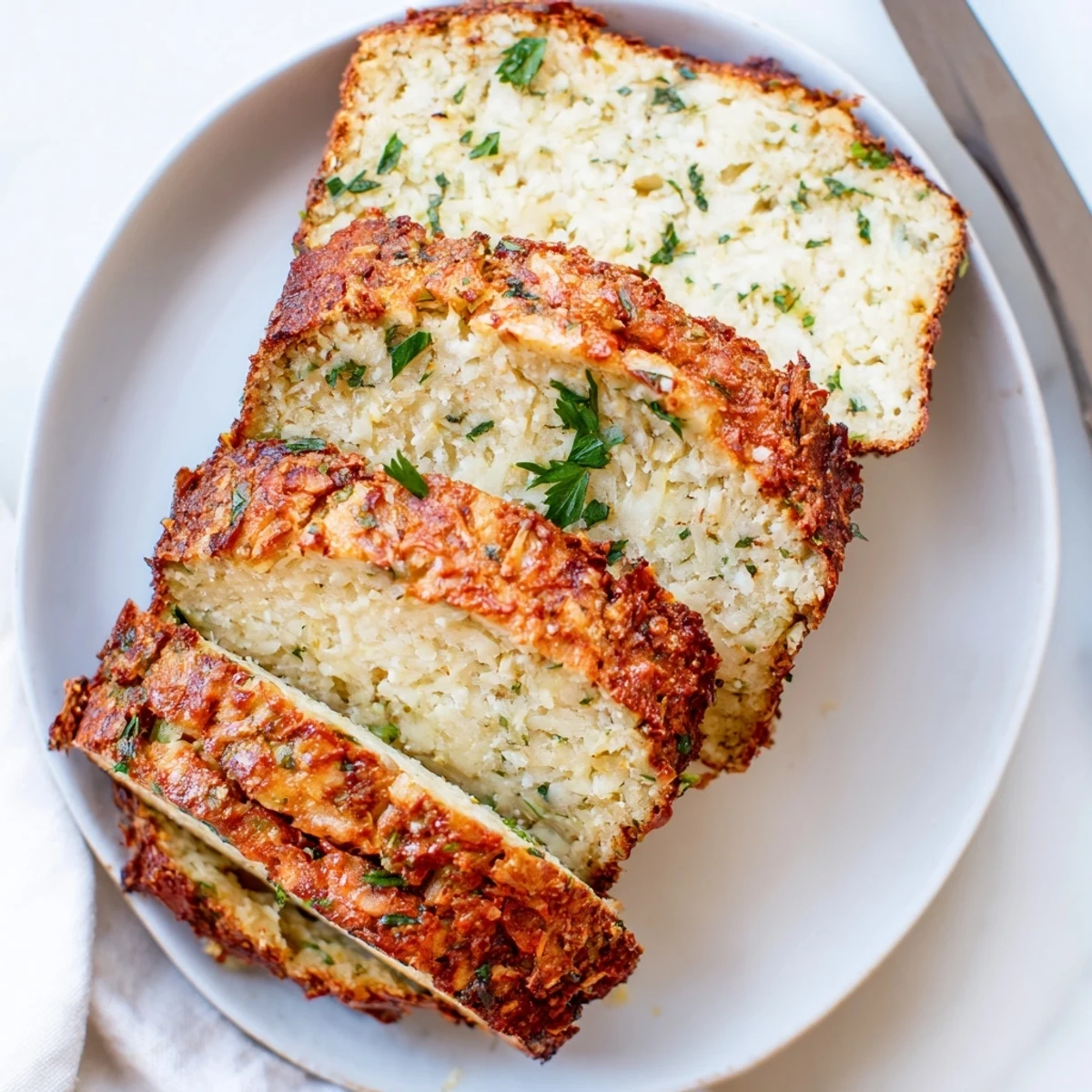 Savory gluten-free Parmesan herb keto bread slices topped with melted cheese and herbs