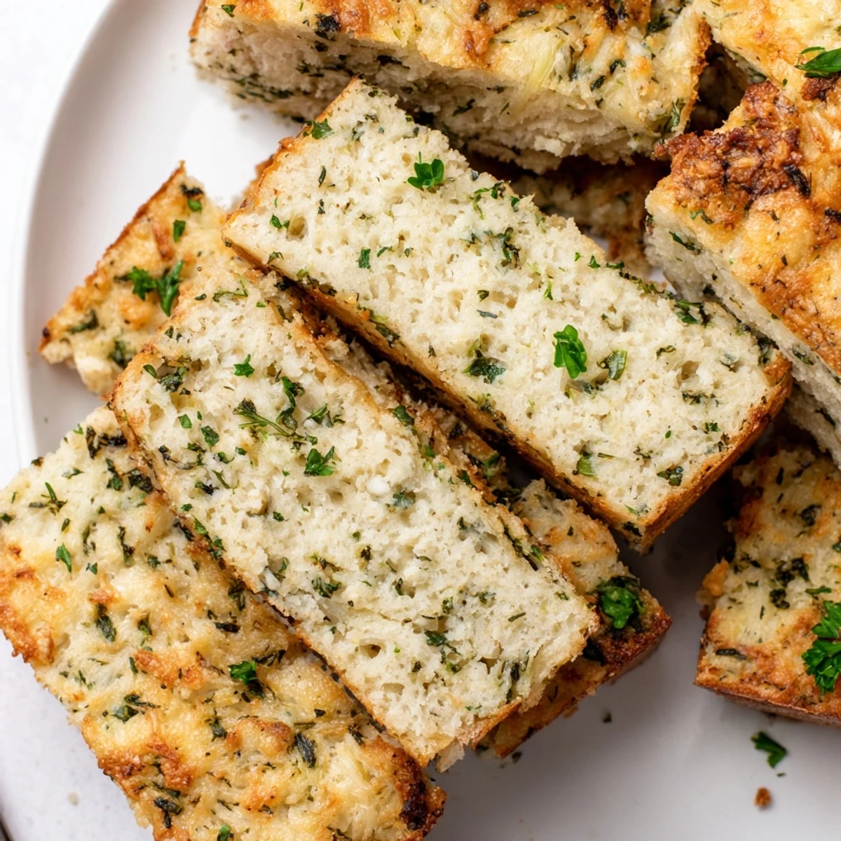 Warm cheesy low carb Parmesan herb keto bread served with butter on a white plate