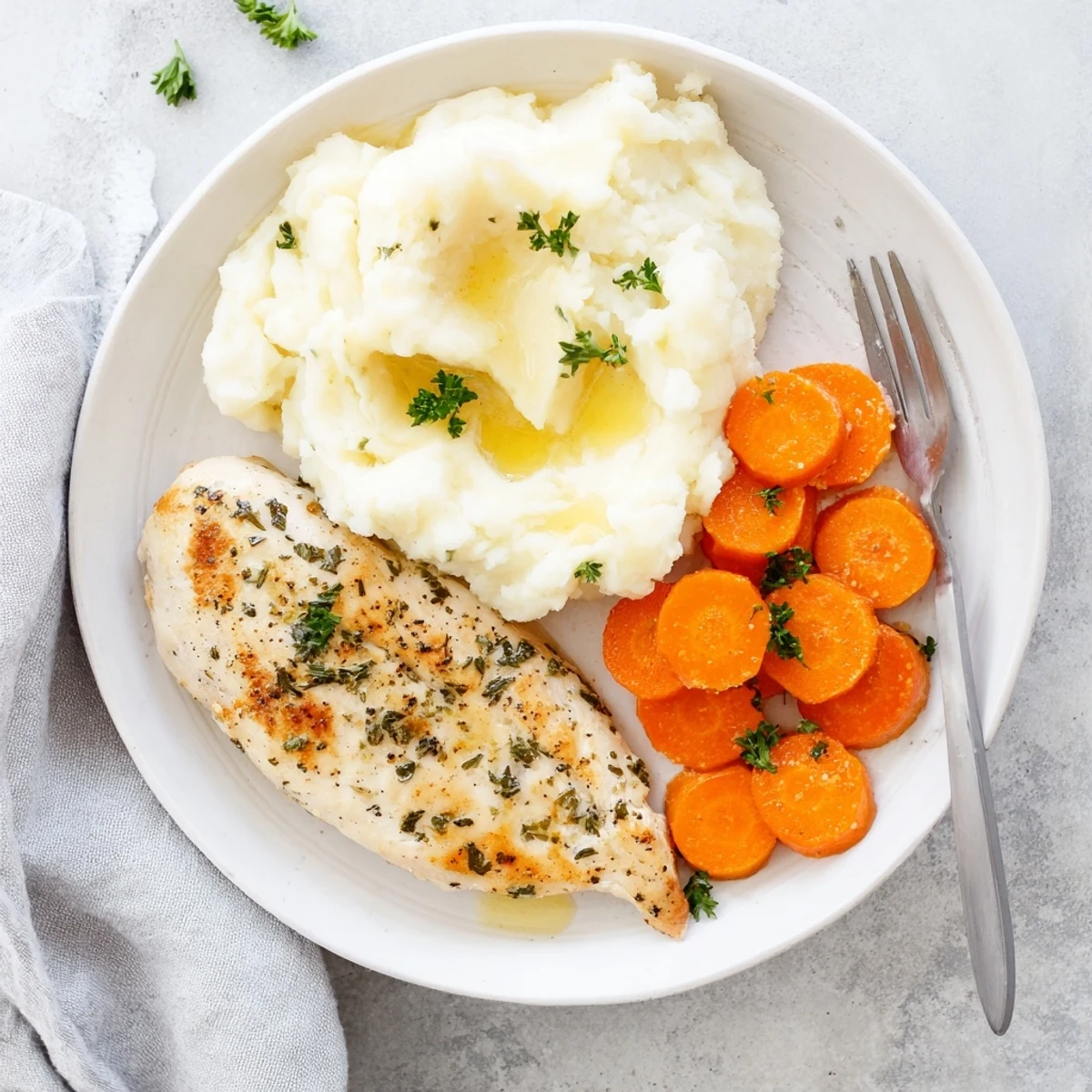 Golden seared garlic herb chicken breast resting on creamy mashed potatoes with glazed honey carrots