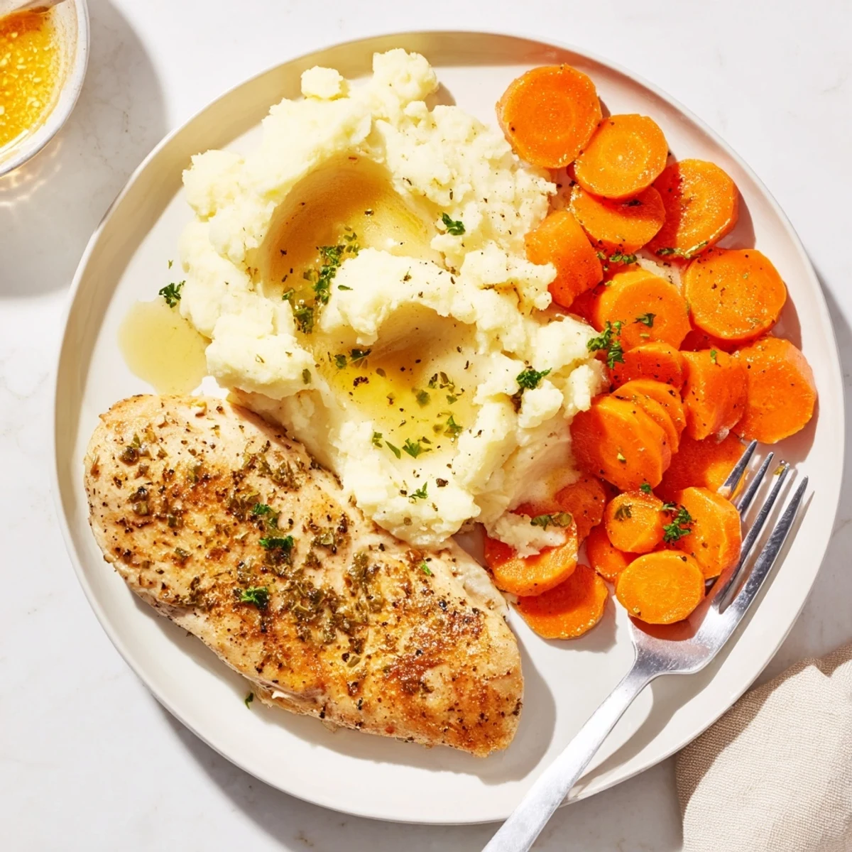 Juicy garlic herb chicken with velvety mashed potatoes and sweet honey glazed carrots on a white plate