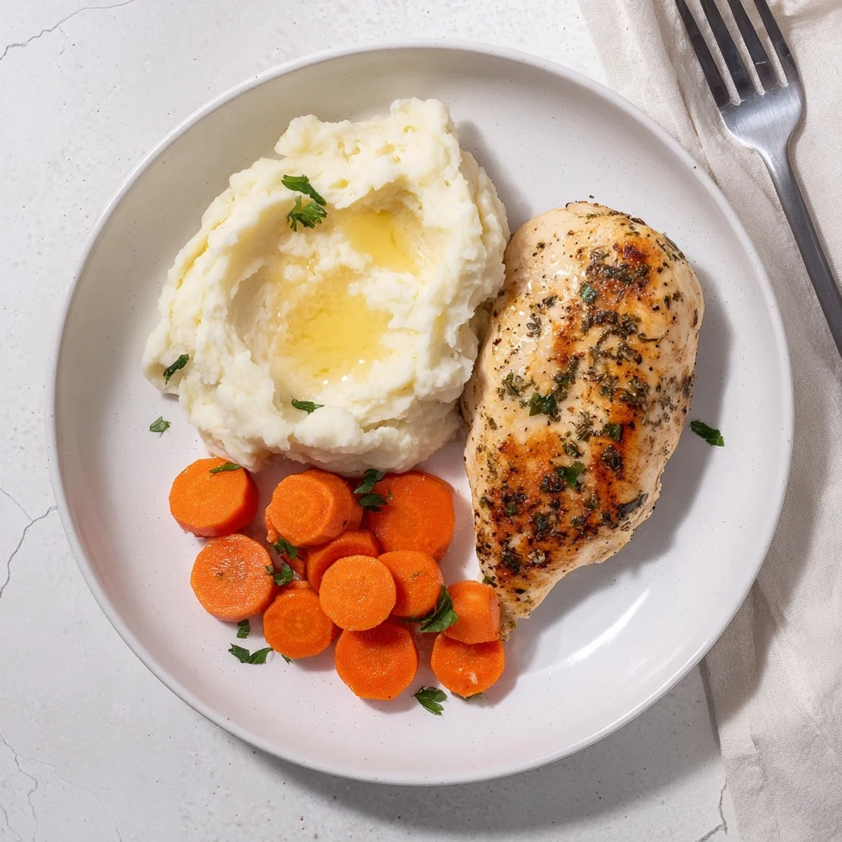 Tender chicken seasoned with garlic and herbs served alongside buttery mashed potatoes and shiny glazed carrots