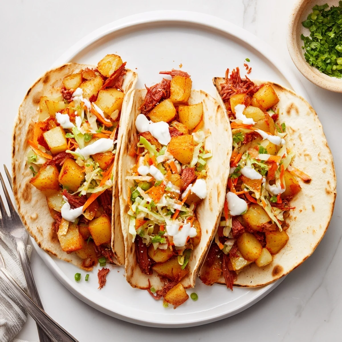 Irish tacos plated with golden potato cubes, shredded beef, and tangy slaw topping