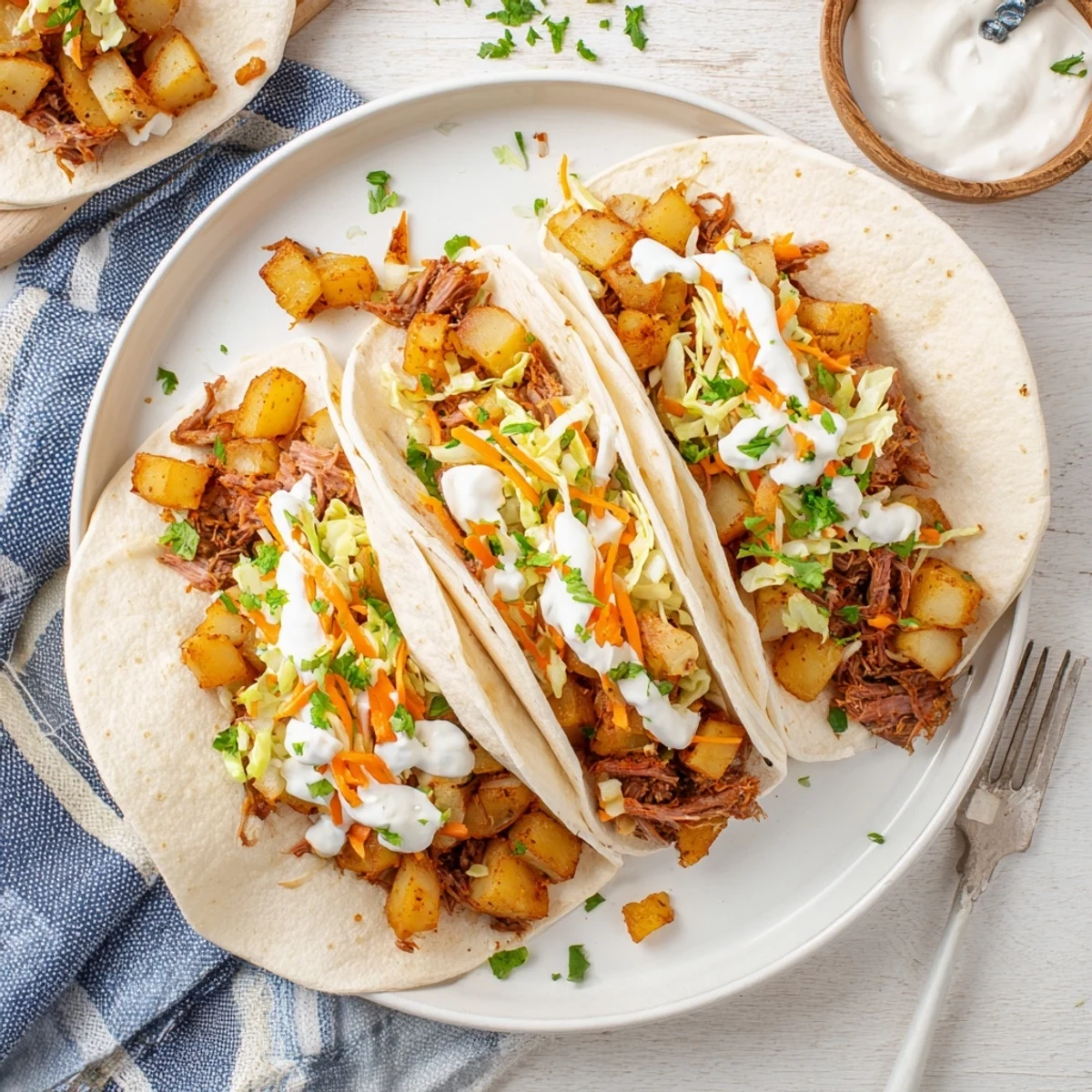 Golden corned beef tacos with crunchy cabbage carrot slaw on soft flour tortillas
