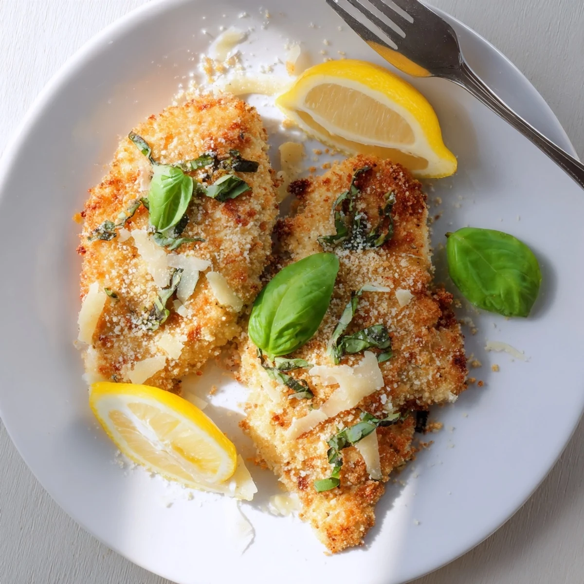 Golden brown Parmesan basil chicken cutlets arranged on a white serving platter with fresh basil garnish