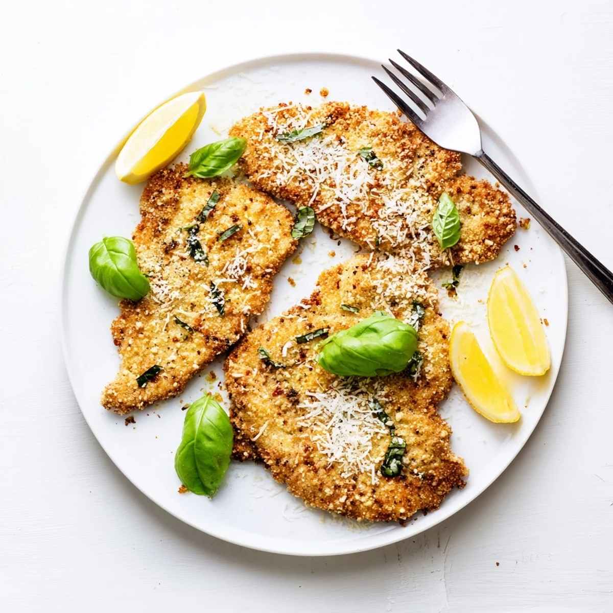 Crispy fried chicken cutlets topped with melted Parmesan and green basil shreds on a wooden cutting board