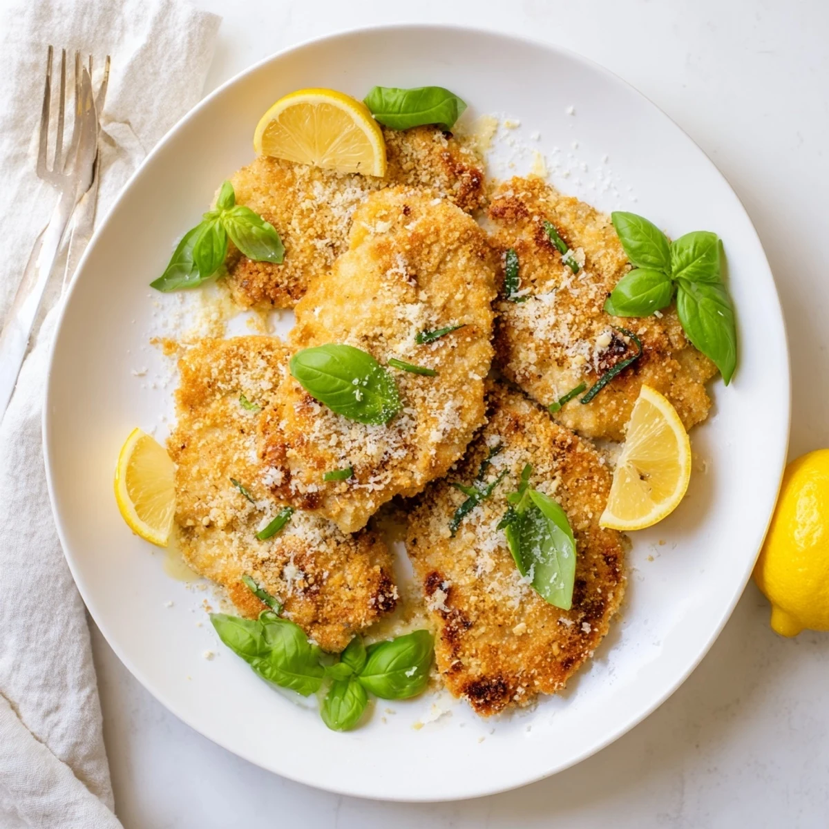 Italian-American chicken cutlets with crunchy breadcrumb coating served alongside lemon wedges and extra grated cheese