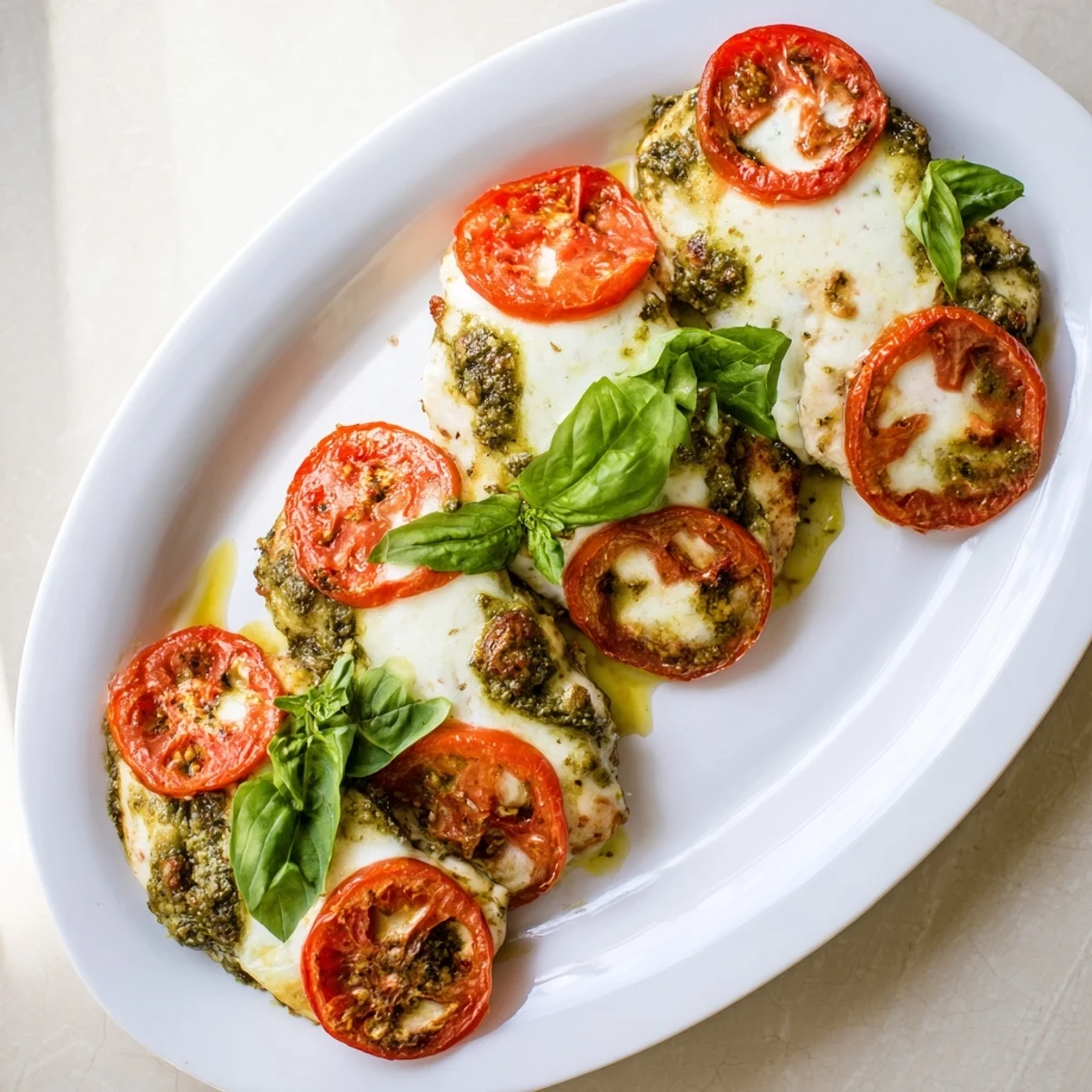 Golden melted mozzarella tops juicy pesto chicken breasts with ripe tomato slices