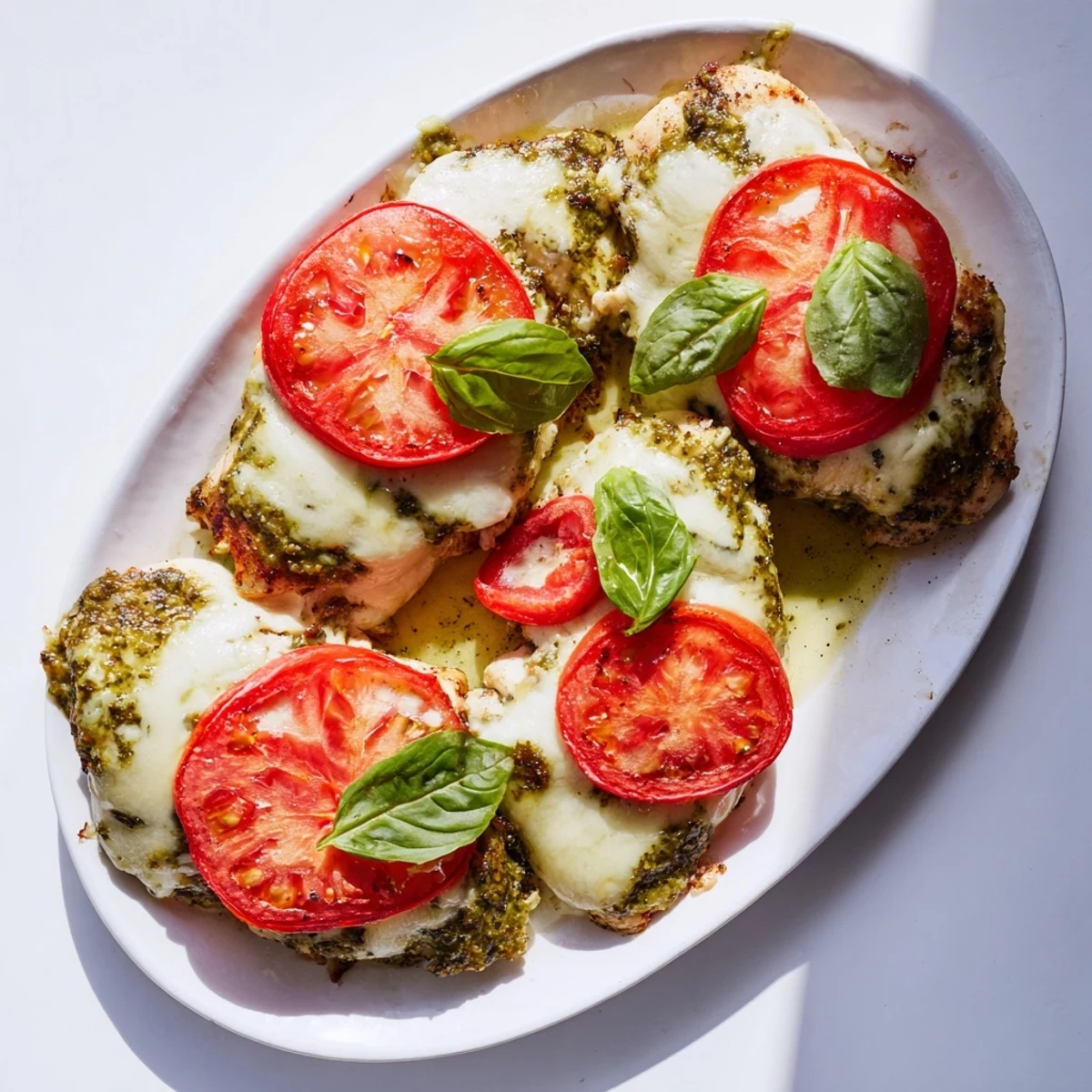 Baked pesto Caprese chicken fresh from the oven with bubbly cheese and basil garnish