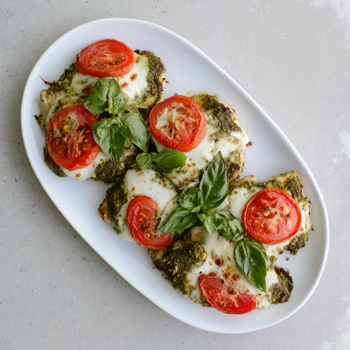 Italian chicken dish featuring layers of vibrant pesto sauce tomato and melted mozzarella