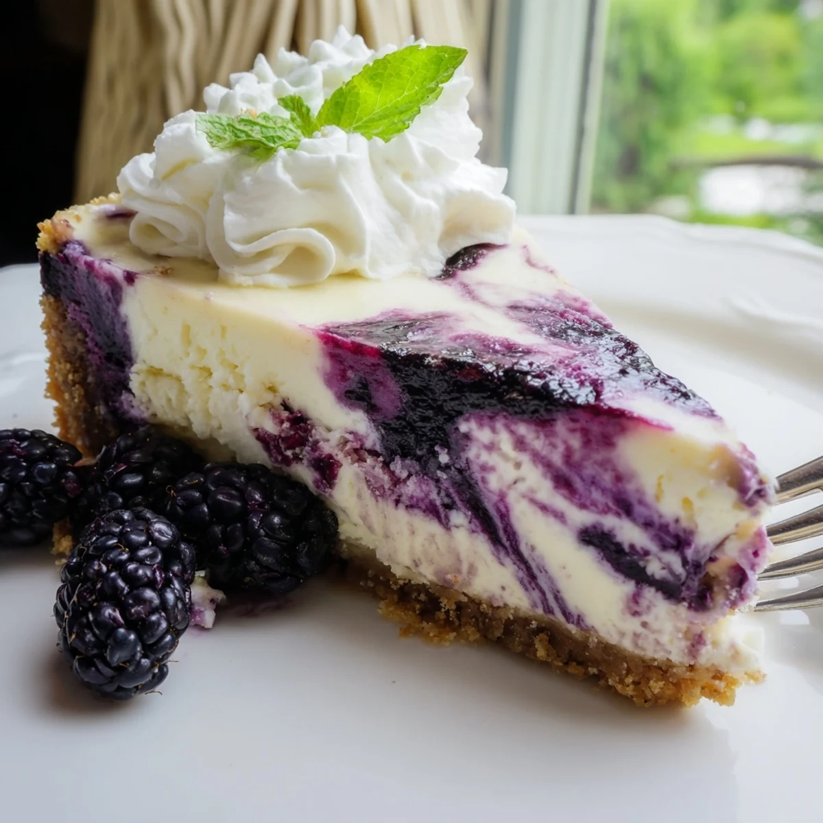 Creamy Blackberry Bliss Cheesecake with purple swirls and graham cracker crust on a white serving plate
