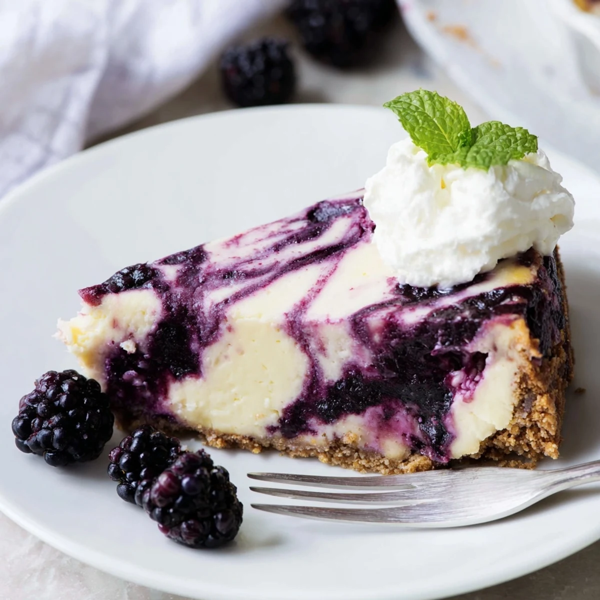 Slice of Blackberry Bliss Cheesecake showing marbled fruit compote and fresh blackberry garnish on dessert plate