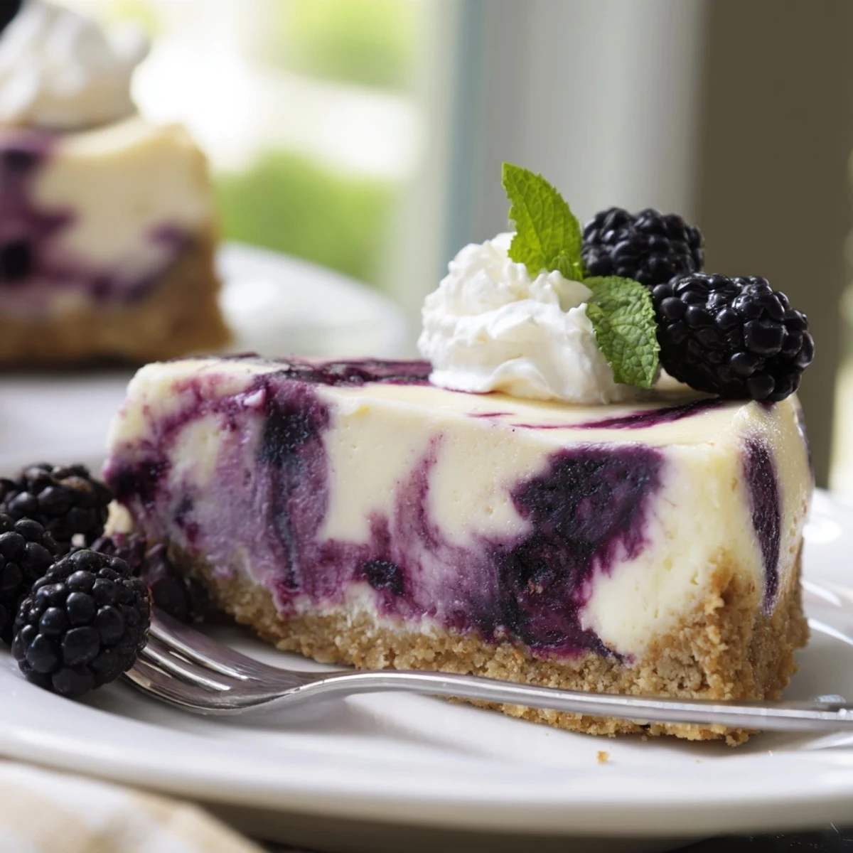 Blackberry Bliss Cheesecake dessert with tangy berry swirls and whipped cream topping on rectangular cake stand