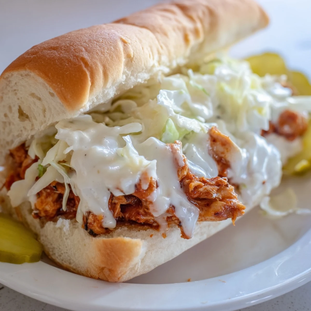 Alabama BBQ chicken sandwich topped with crisp slaw and creamy white sauce