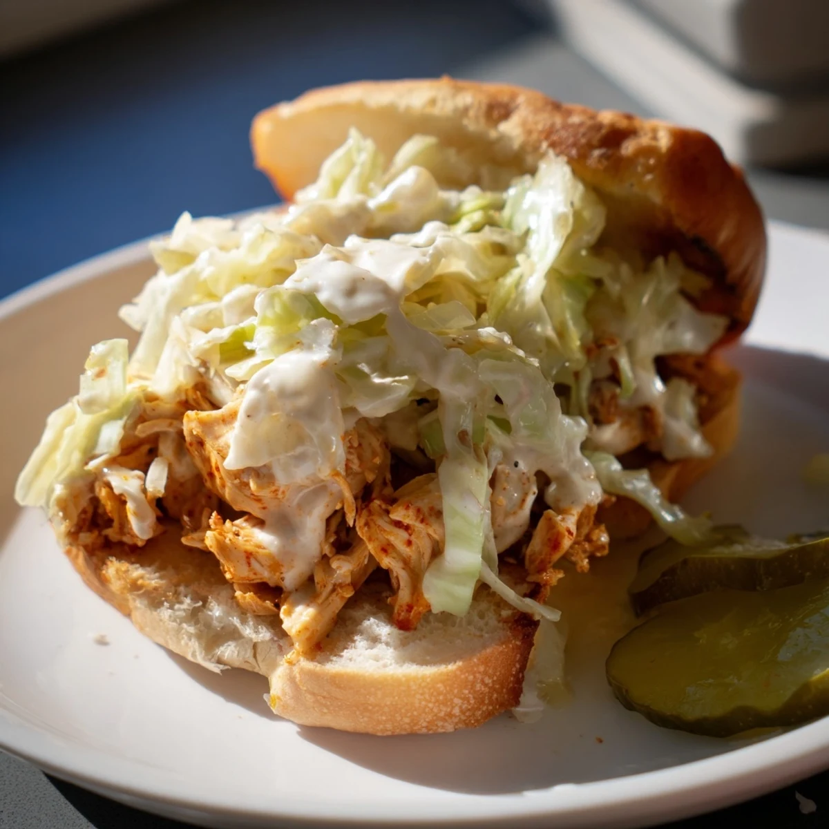 Southern style Alabama white BBQ sauce chicken sandwich with fresh cabbage slaw