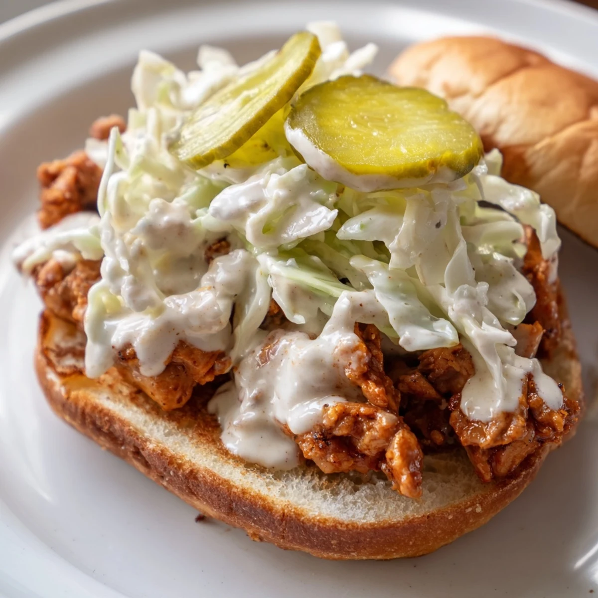 Toasted bun piled high with chopped Alabama BBQ chicken and tangy coleslaw