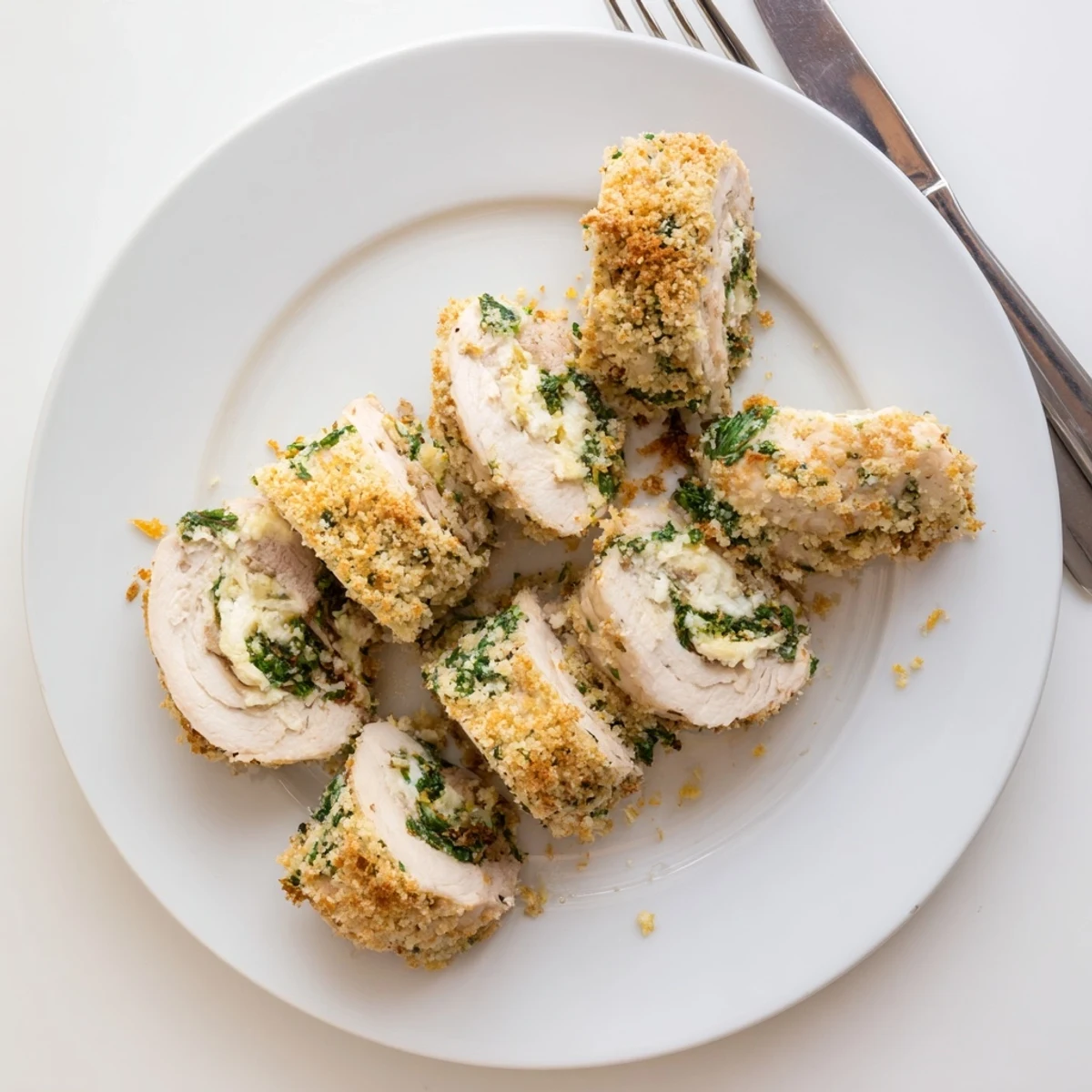 Golden baked herbed ricotta stuffed chicken rolls topped with crispy parmesan breadcrumbs