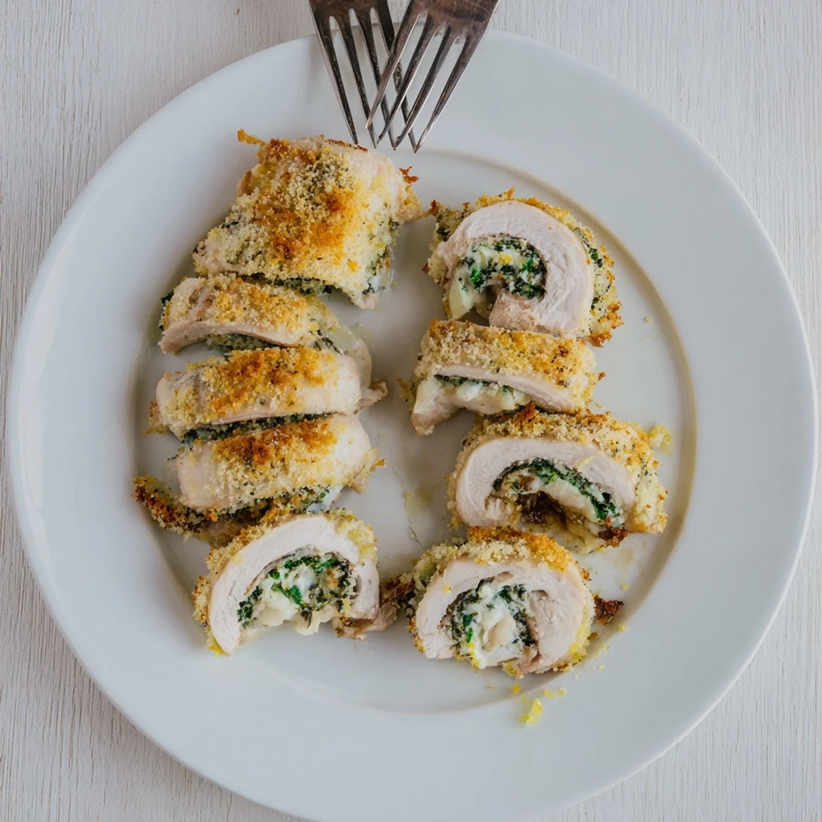 Sliced herbed ricotta stuffed chicken rolls showing the flavorful cheesy spinach filling inside