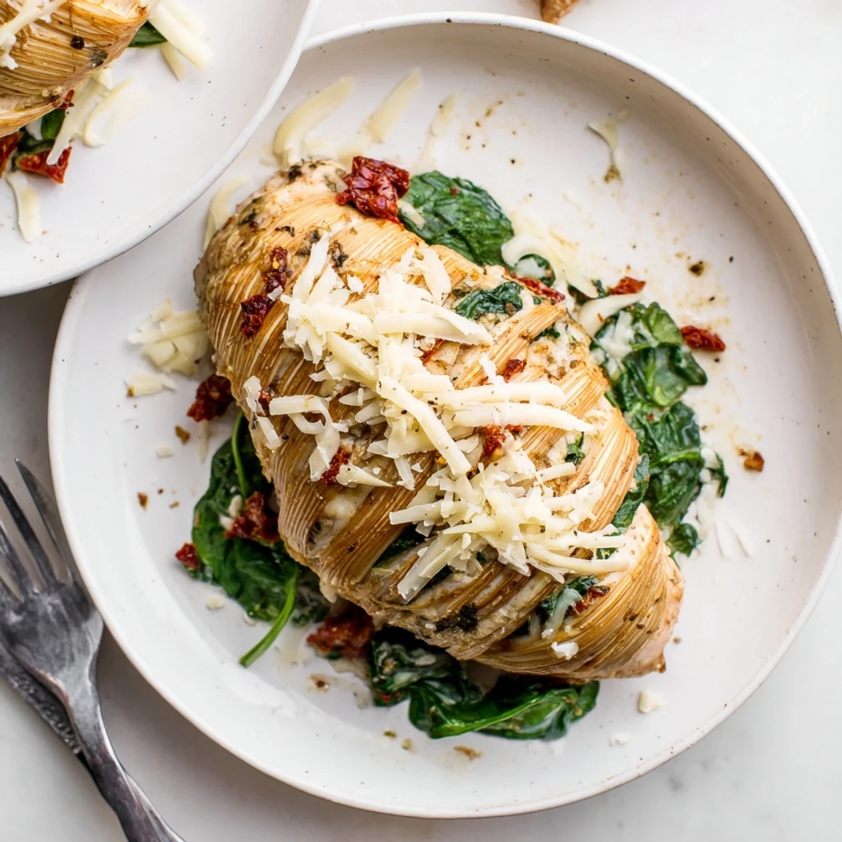 Golden Hasselback chicken with melted mozzarella, spinach, and sundried tomatoes oozing from slices