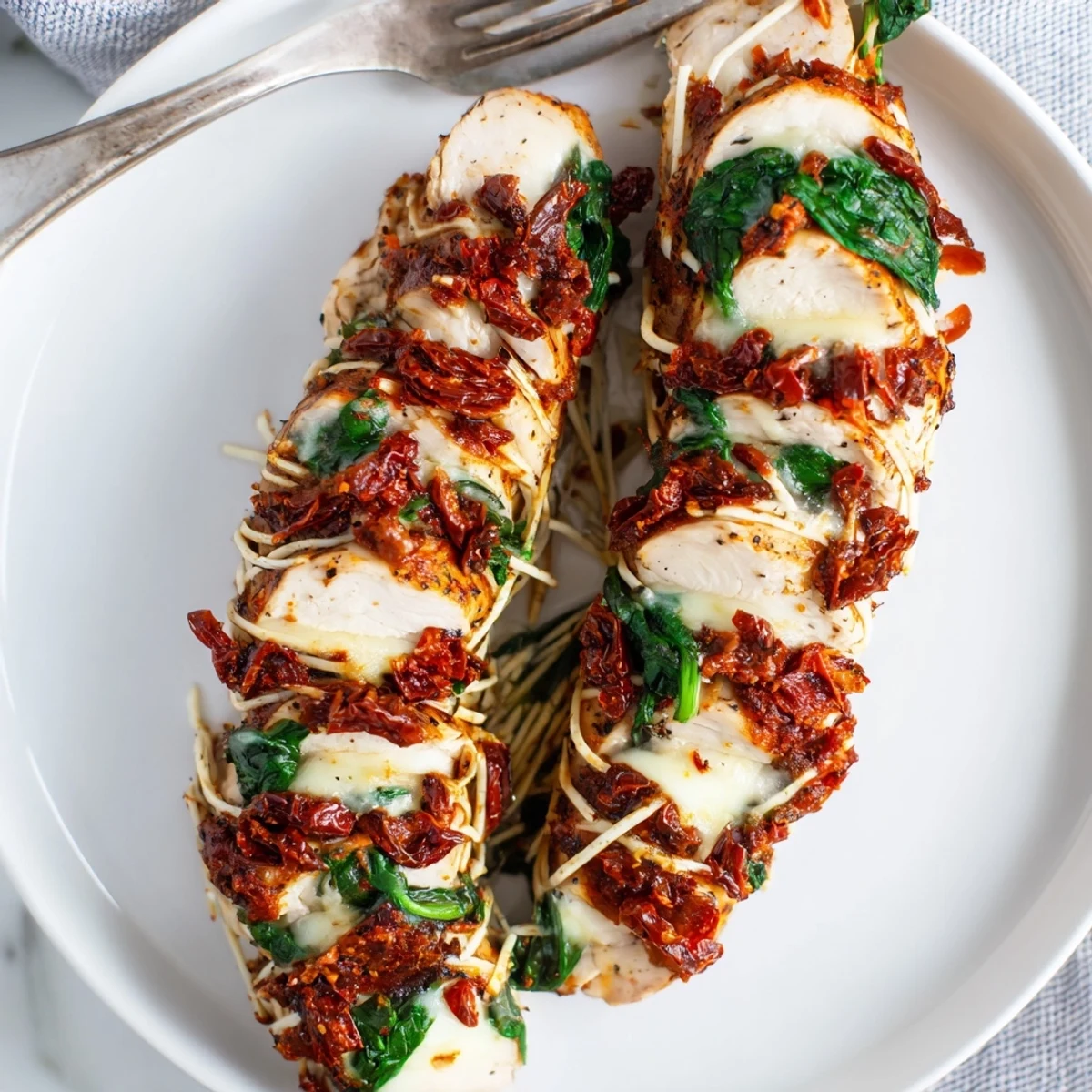 Baked Hasselback chicken breasts stuffed with cheese and tomatoes, fresh from the oven