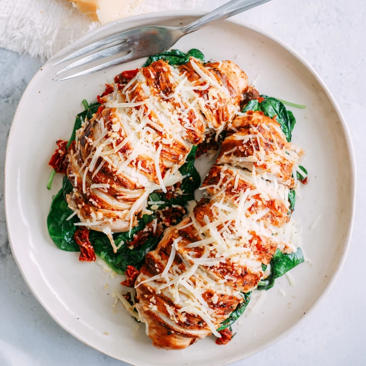 Tender Hasselback chicken featuring pockets of gooey mozzarella and vibrant sundried tomato spinach filling