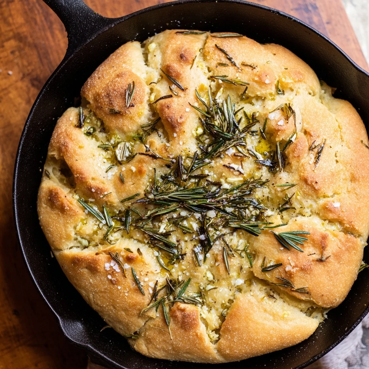 Golden rustic garlic rosemary skillet bread with flaky sea salt sprinkled on top