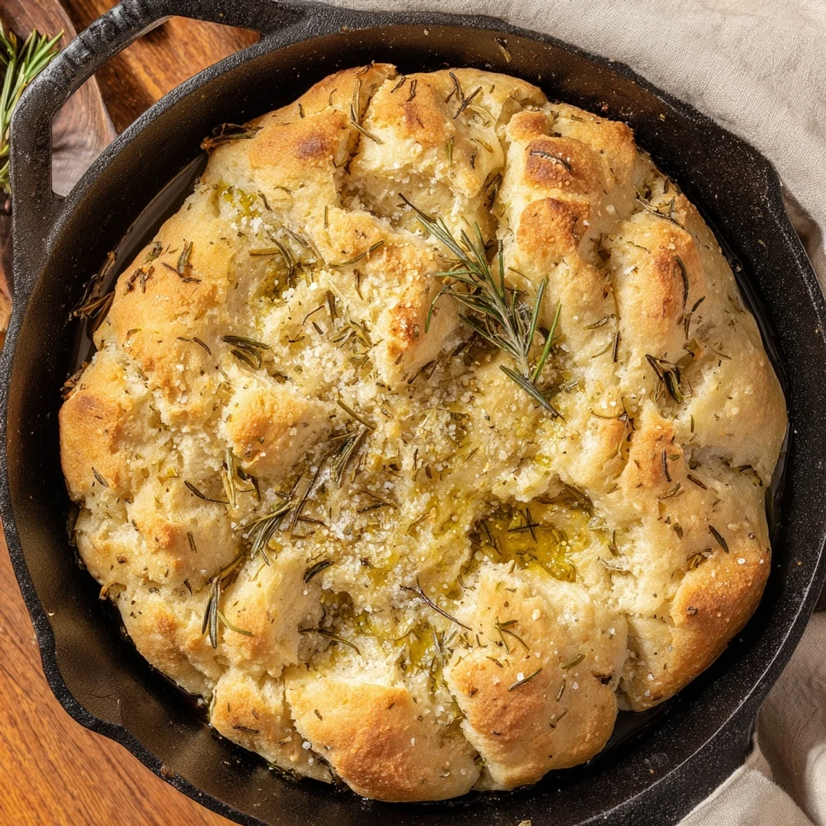 Warm crusty skillet bread baked with roasted garlic and fresh fragrant rosemary herbs