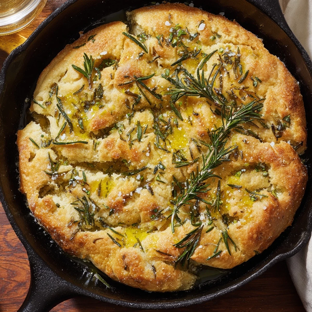 Sliced rustic garlic rosemary bread showing chewy crumb and crisp golden brown edges