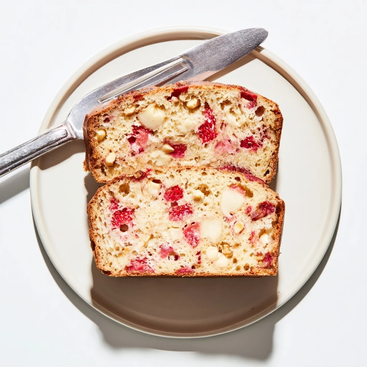 Golden sourdough white chocolate chips strawberry bread loaf with juicy red berry pieces visible throughout the tender crumb