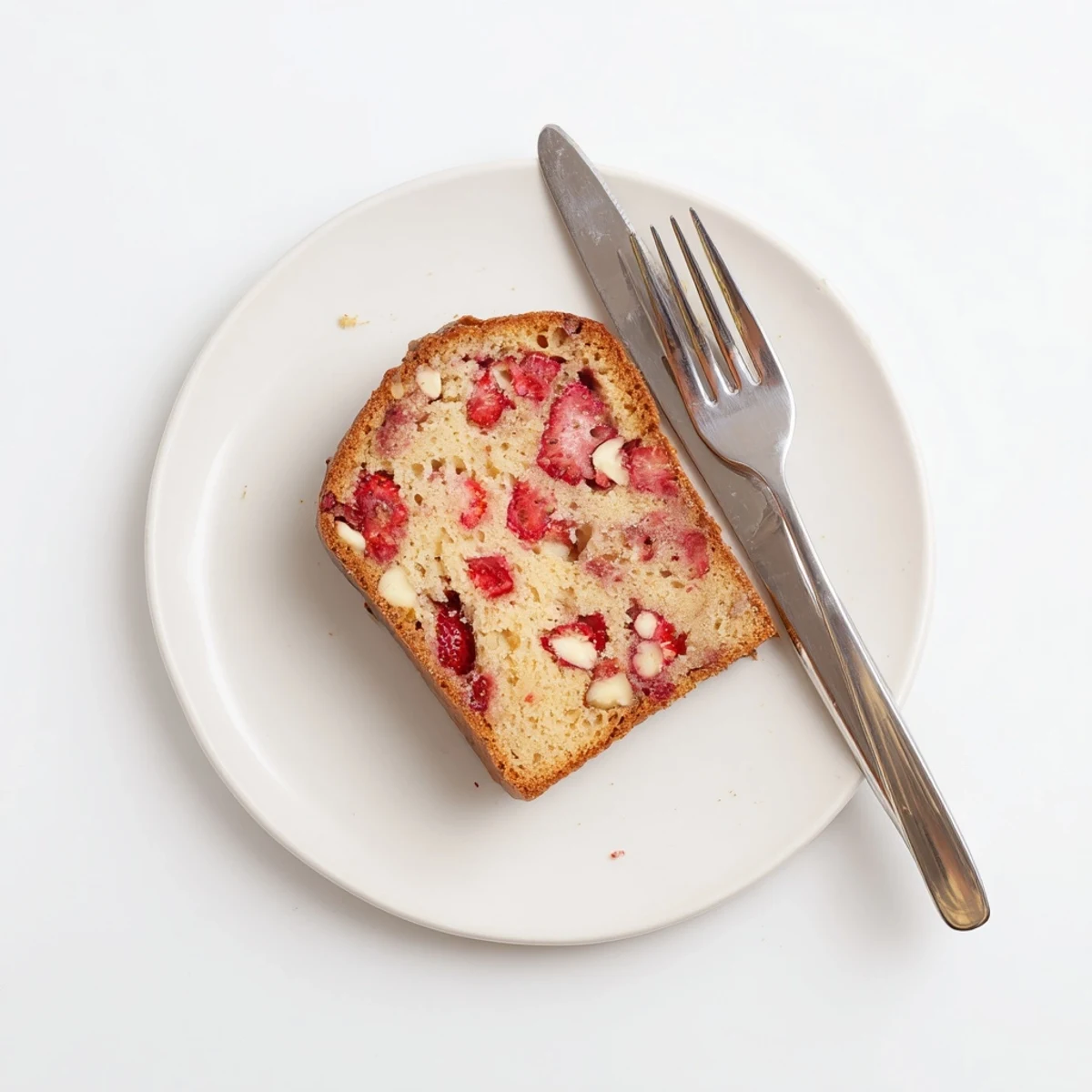 Freshly baked sourdough white chocolate chips strawberry bread cooling on a wire rack, golden crust with melted chocolate pockets and bright strawberry chunks