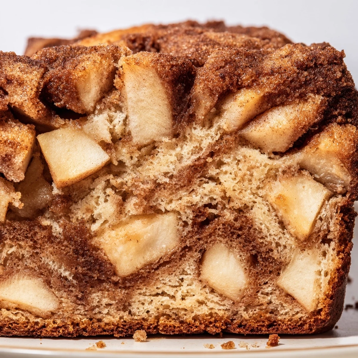 Golden cinnamon apple bread loaf with swirled sugar topping and fresh diced apple pieces