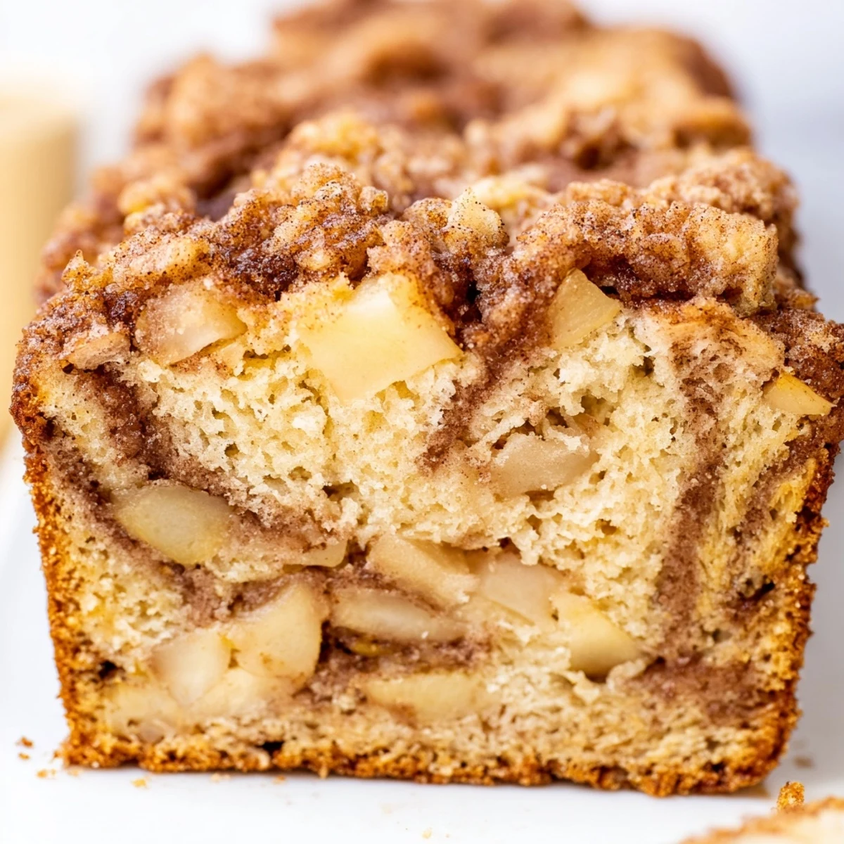 Delicious cinnamon apple bread showing marbled cinnamon sugar swirl and tender apple chunks