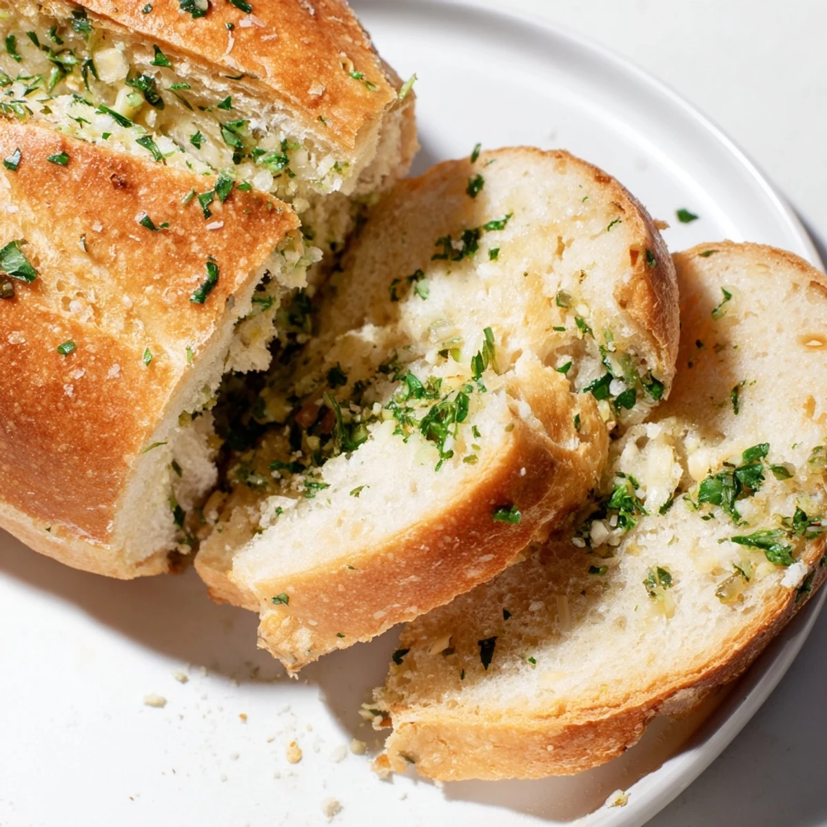 Golden Garlic Herb Dutch Oven Bread with a crackly crust and soft interior, freshly baked and brushed with melted butter