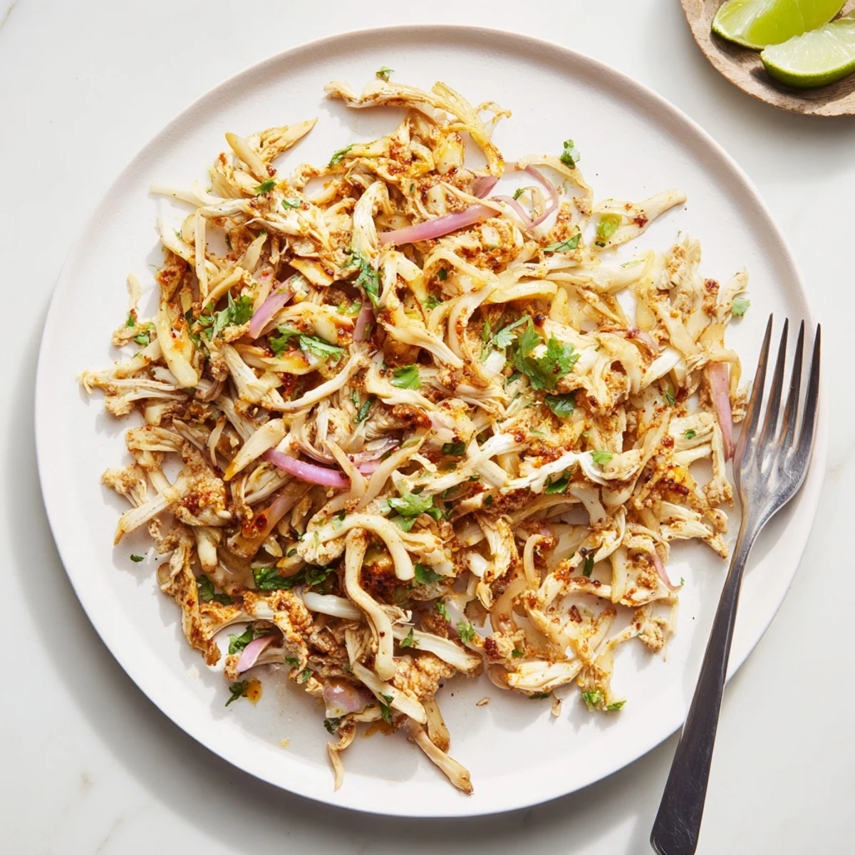 Crispy spiced vegan carnitas made with oyster mushrooms served with lime wedges