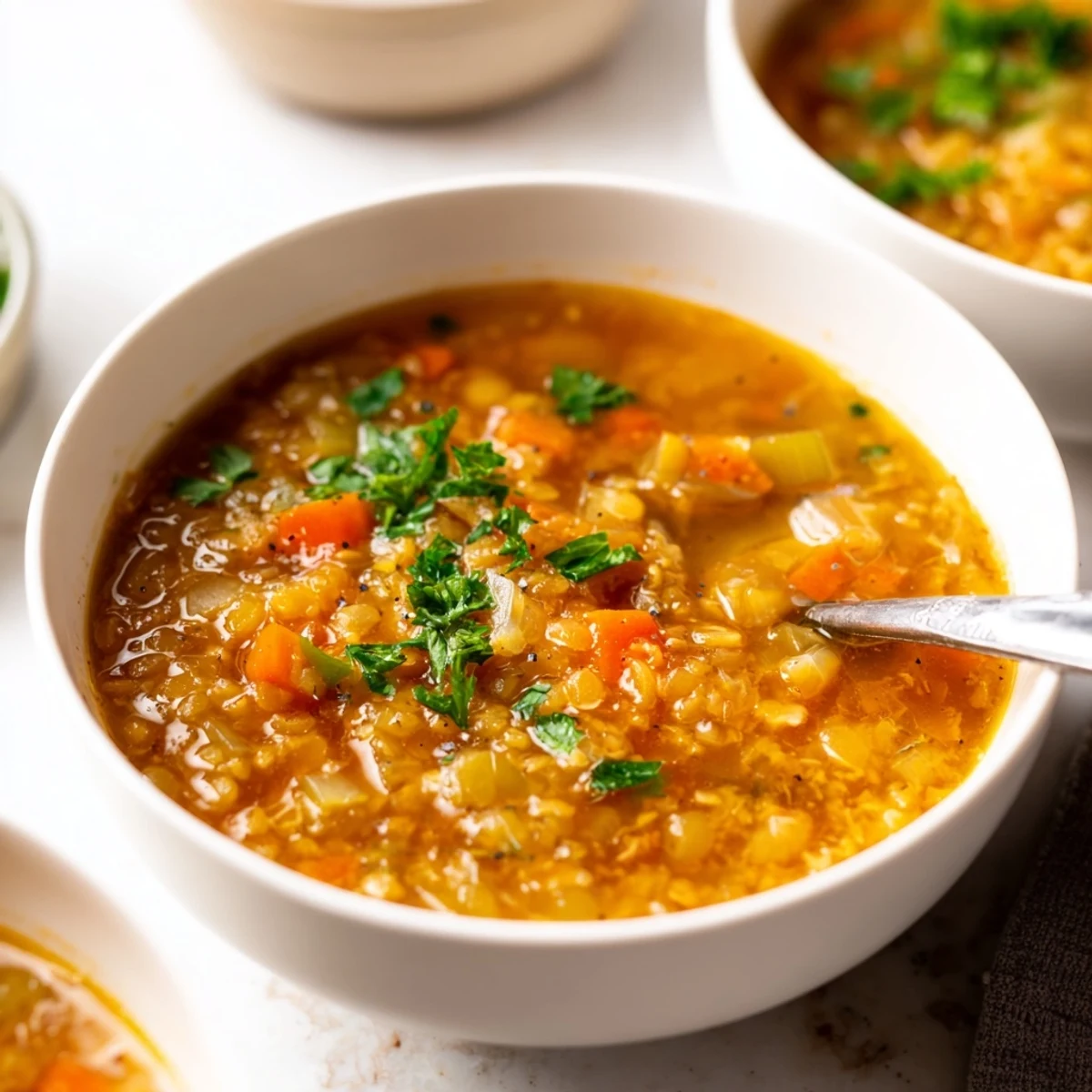 Creamy caramelized onion red lentil soup garnished with fresh parsley in a rustic bowl