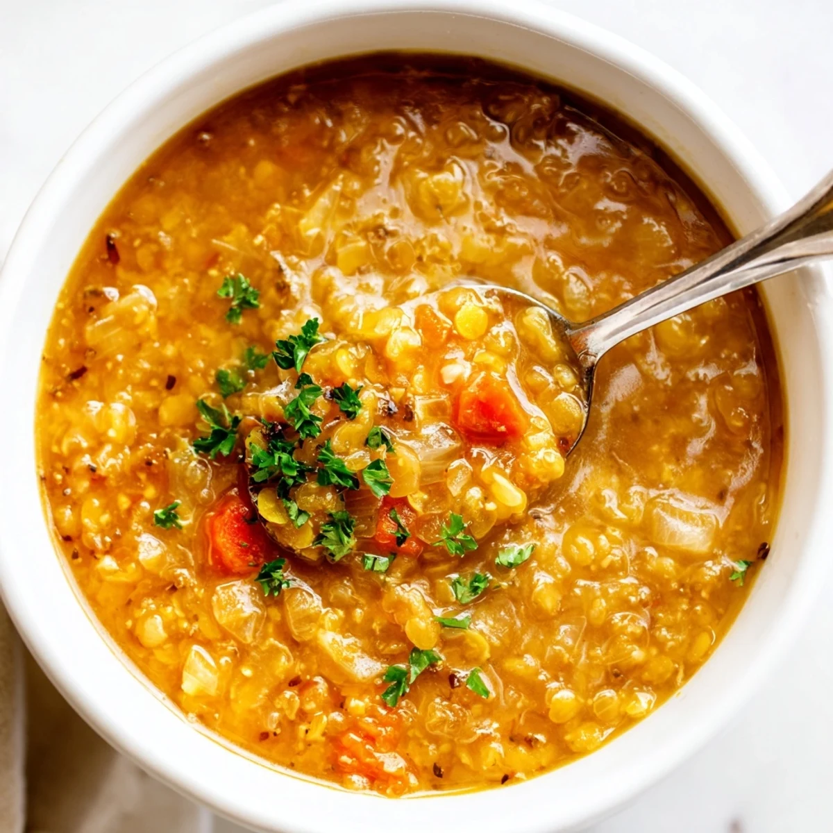 Golden caramelized onion red lentil soup served with crusty bread for a comforting meal