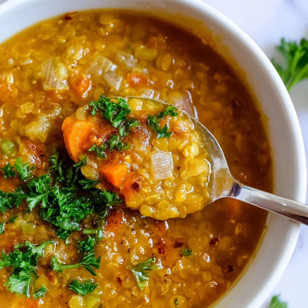 Steaming bowl of caramelized onion red lentil soup topped with lemon wedge and herbs
