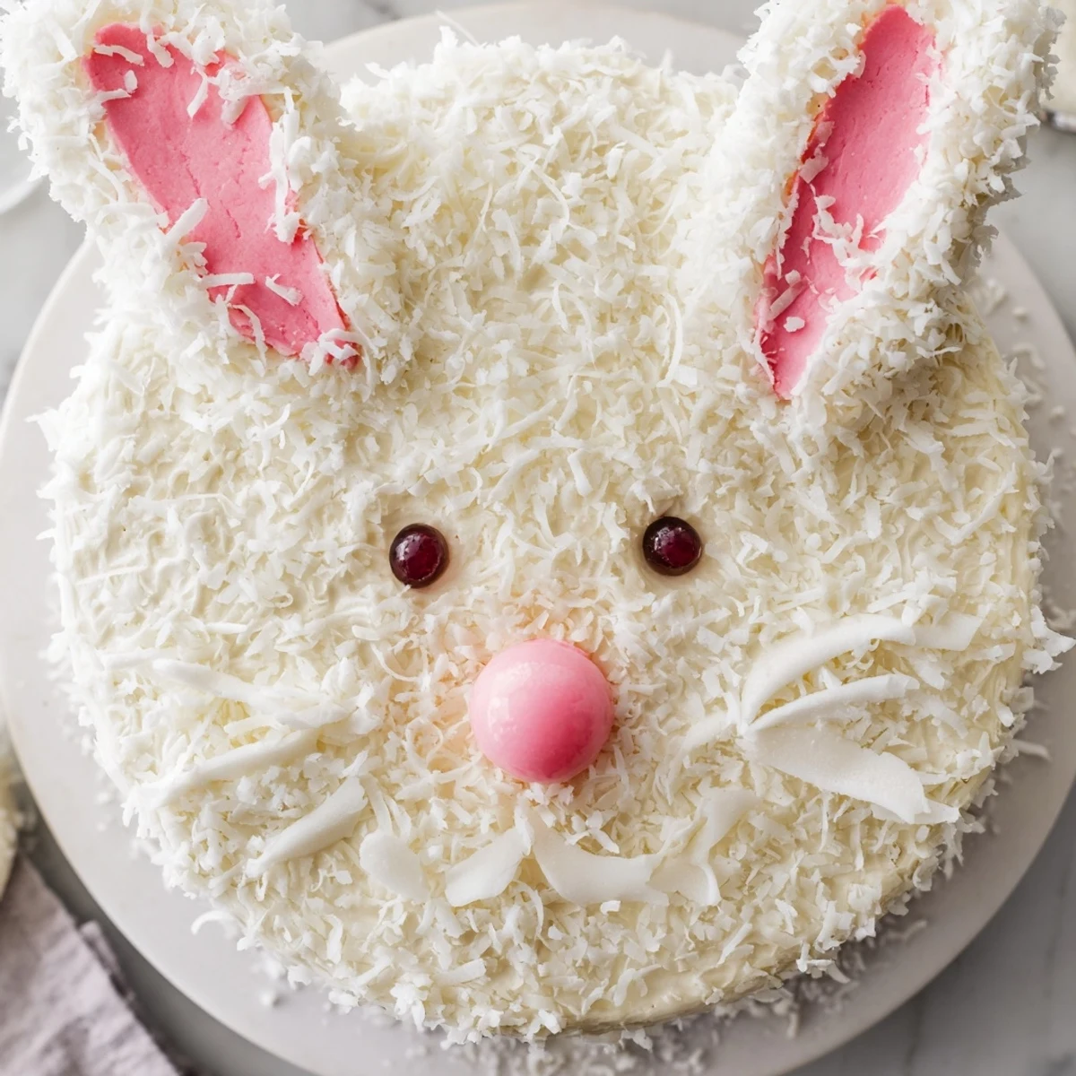 Festive spring bunny cake decorated with sweetened coconut, pink fondant ears, and colorful candy accents
