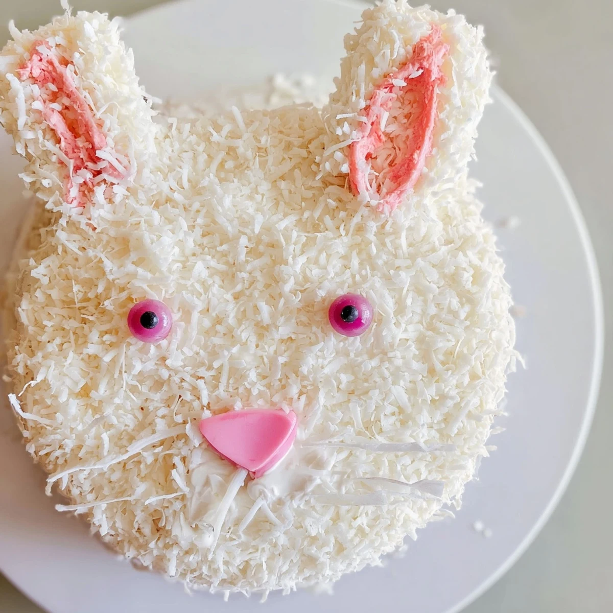 Whimsical Easter bunny cake shaped from moist vanilla layers with buttercream and shredded coconut fur