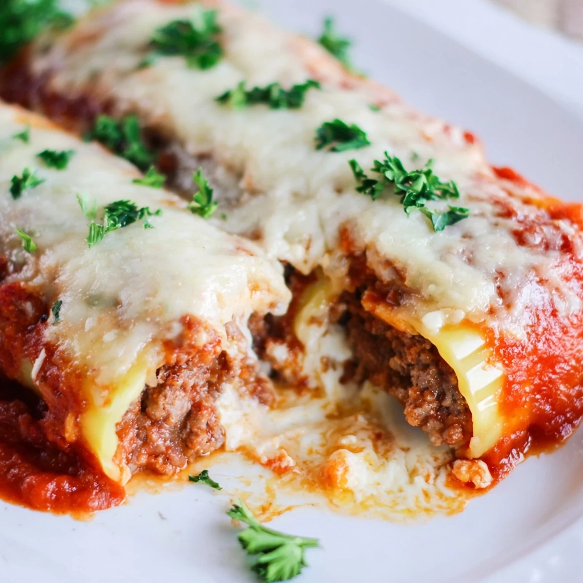 Golden baked cheesy stuffed manicotti nestled in rich homemade meat sauce with melted mozzarella topping