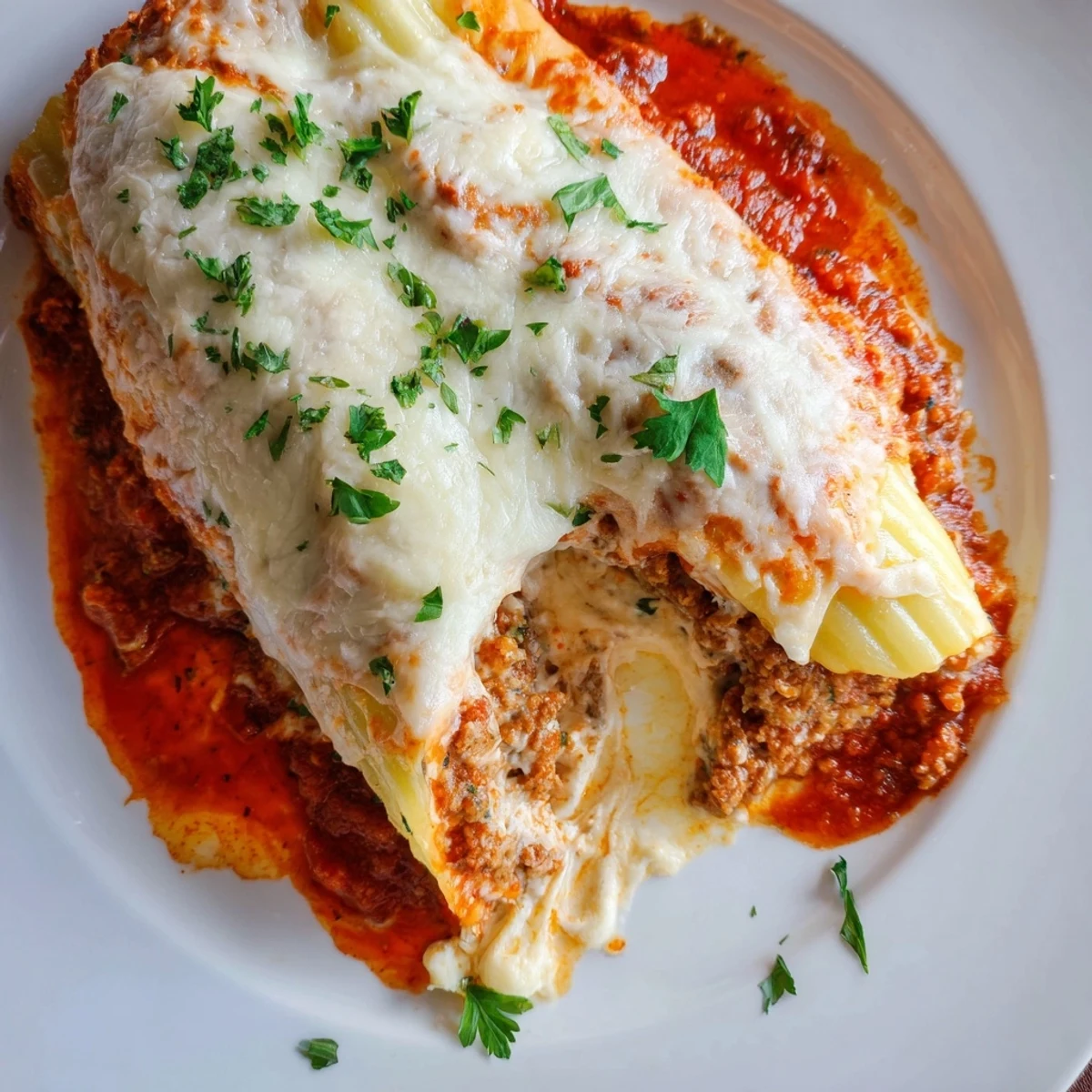 Bubbling manicotti with three cheese filling and hearty meat sauce garnished with fresh green parsley