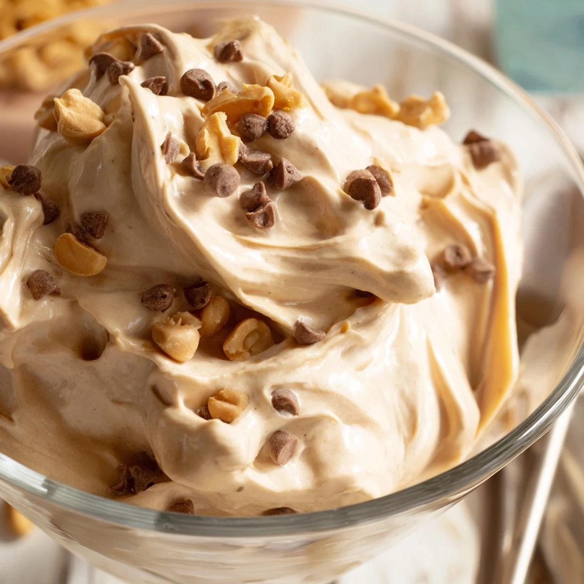 Velvety smooth peanut butter mousse swirled with whipped topping, finished with chocolate and peanut garnish for a quick American dessert
