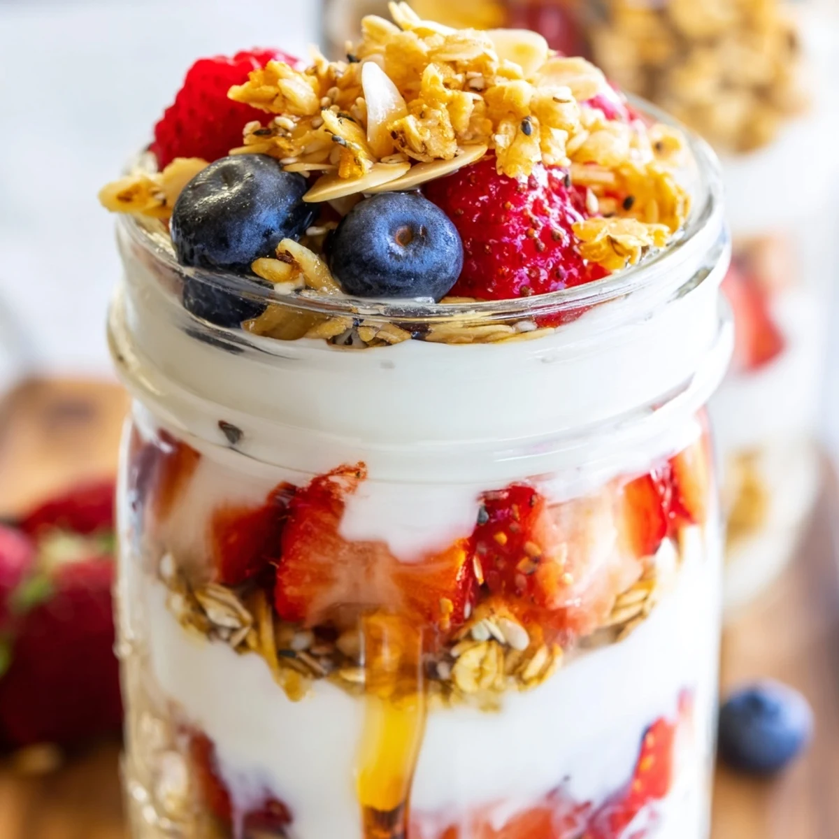 Greek yogurt parfait topped with vibrant mixed berries and golden honey drizzle
