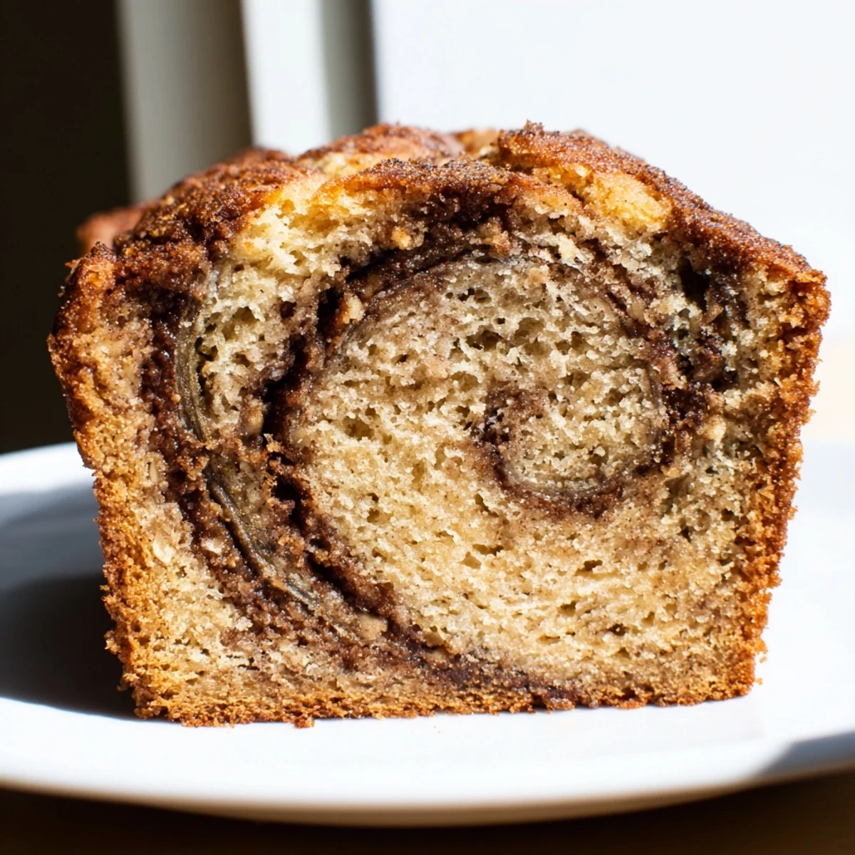 Moist cinnamon sugar swirl banana bread with golden crust sliced on wooden cutting board