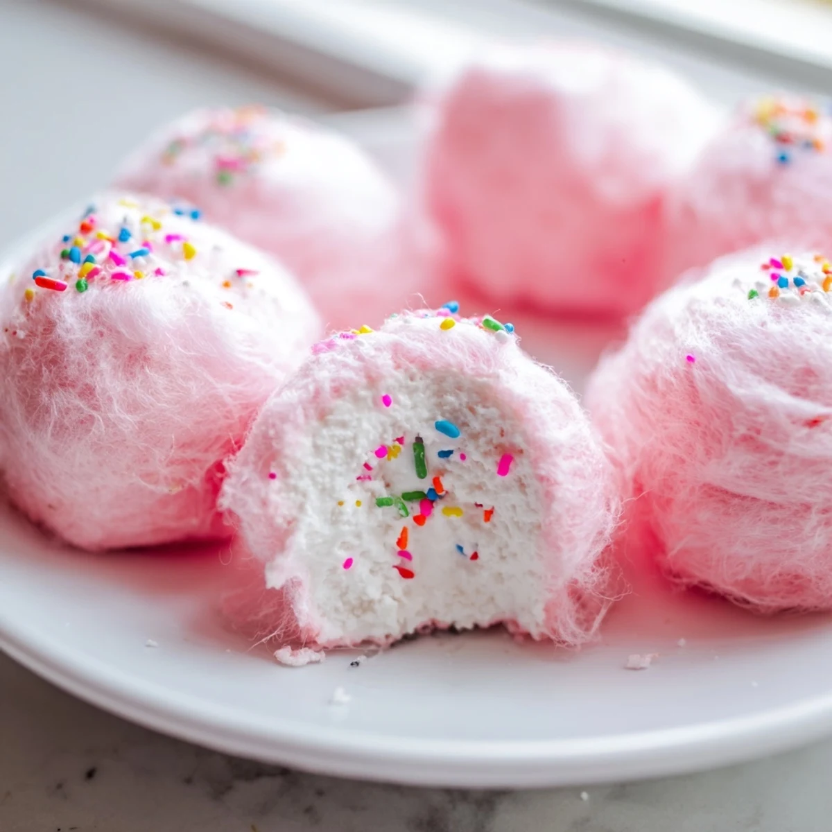 Mini cotton candy cheesecake puff balls with pink fluffy coating on white plate