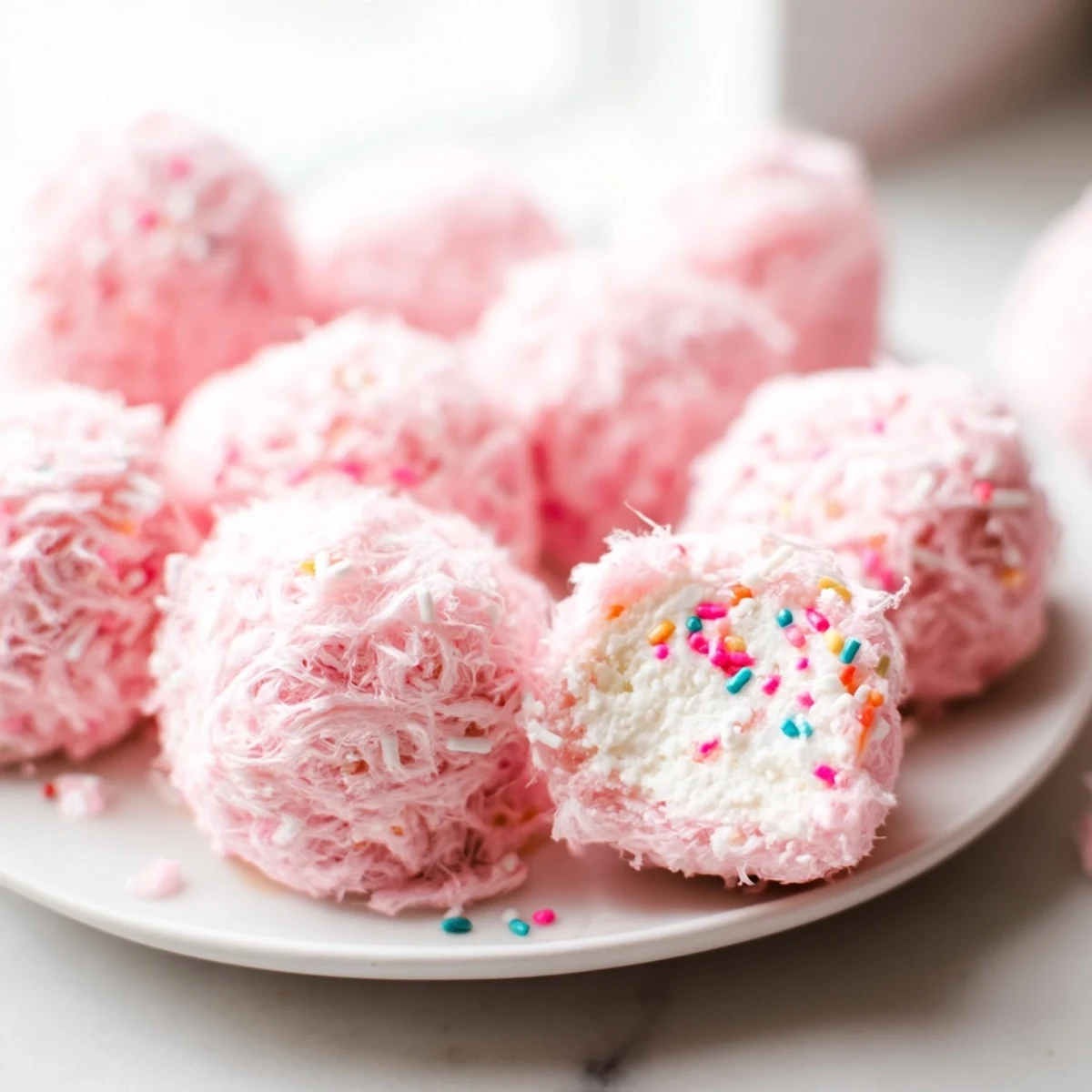 Creamy mini cotton candy cheesecake puff balls dusted with colorful rainbow sprinkles