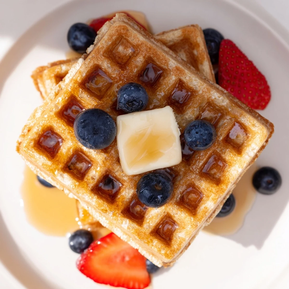 Golden brown Greek yogurt waffles topped with fresh berries and a drizzle of maple syrup.